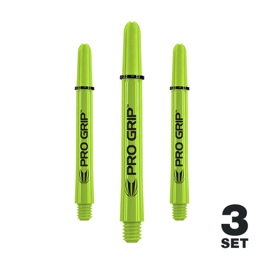 Das Bild zeigt drei limegrüne Pro Grip Shafts für Darts. Unten rechts steht "3 Set", was bedeutet, dass es ein Set mit drei Stück ist.
