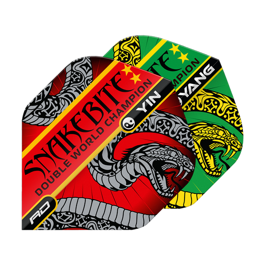 Voli standard Red Dragon Peter Wright Snakebite Red Green Yin Yang Auf dem Bild sind zwei bunte Dart-Flights mit Schlangenmotiven zu sehen. Die Flights tragen die Aufschrift "Snakebite Double World Champion" und haben die Farben Rot und Grün.