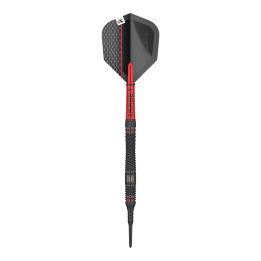 Target per mirino 11 freccette morbide Das Bild zeigt einen Softdart namens "Target Scope 11 Softdarts". Der Dart ist schwarz und rot mit einem modernen Design und einer strukturierten Oberfläche.