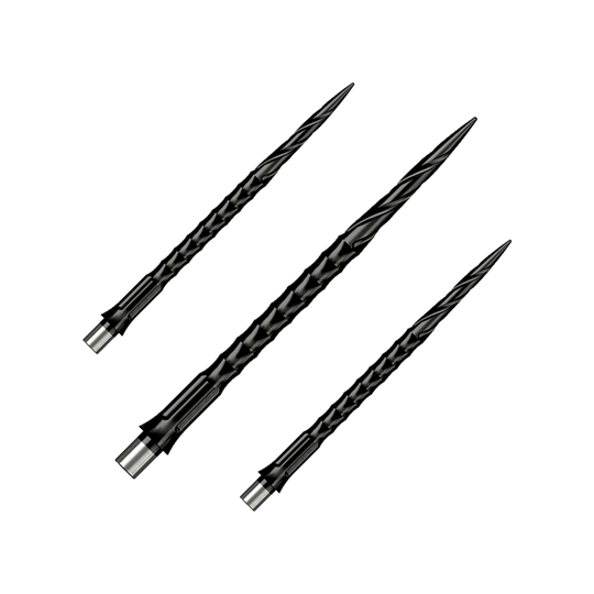 Punte per freccette in acciaio Caliburn System - Spiro - No Lip - Nero Das Bild zeigt ein Produkt mit dem Dateinamen EVO033_Caliburn_Evo_System_Steeldartspitzen_Spiro_NoLip_Black_40mm_1Set. Es könnte sich um ein Set von schwarzen Steeldartspitzen handeln.