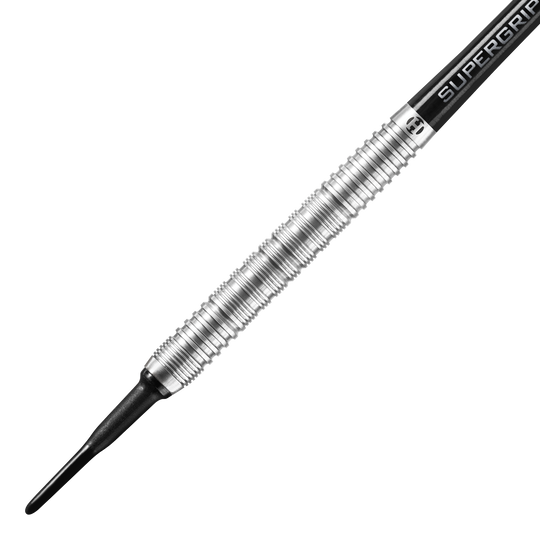 Harrows controlla i Softdarts paralleli Das Bild zeigt einen Harrows Control Parallel Softdart mit einem silbernen, gerillten Barrel. Der Dart hat eine schwarze Kunststoffspitze und einen Schaft mit der Aufschrift "Supergrip".
