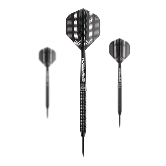 Freccette in acciaio al tungsteno GOAT Sprocket Das Bild zeigt drei schwarze Steeldarts mit der Aufschrift "GRIPTECH" auf den Schäften. Es handelt sich um das Produkt "GOAT Sprocket Tungsten Steeldarts".