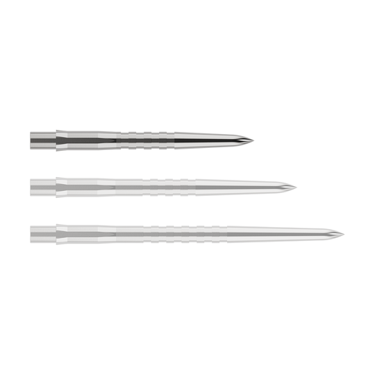 Punte per freccette Mission Caliburn EVO - Scanalate - Argento Das Bild zeigt drei silberne, gerillte Spitzen für Steeldarts in unterschiedlichen Längen. Sie sind nebeneinander auf einem weißen Hintergrund angeordnet.