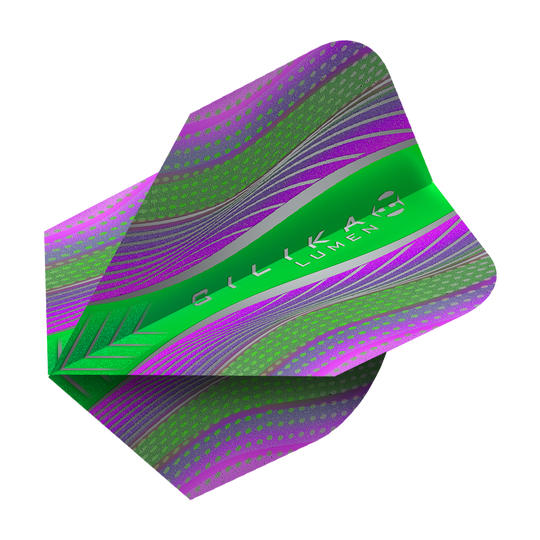 HF5125_Harrows_Silikia_Lumen_Purple_Green_No6_Flights_2 Harrows Silika Lumen Purple Green No6 Flights. Das Bild zeigt Dartflights mit violettem und farbigem Design.