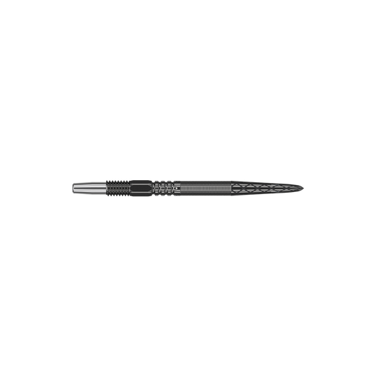 340052_Target_Swiss_Point_DX_Black_Dartspitzen_26mm_2 Das Bild zeigt eine schwarze Dartspitze mit feinen Rillen und Mustern. Sie ist schmal und hat ein modernes, metallisches Design.