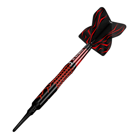 Freccette morbide Mission Lava - 20 g Das Bild zeigt einen Mission Lava Softdart mit einem Gewicht von 20 Gramm. Der Dart ist in Schwarz und Rot gestaltet und hat ein modernes, auffälliges Design.