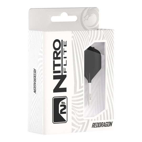 Red Dragon Nitroflite - Asta bianca nera n. 2 Die Abbildung zeigt die Produktverpackung des "Red Dragon Nitroflite" mit weißen Schäften und schwarzen No2 Flights. Die Packung ist überwiegend weiß gestaltet und hat ein Sichtfenster, durch das das Dart-Zubehör zu sehen ist.
