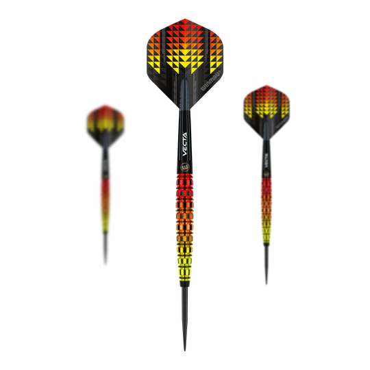 Dardi in acciaio affusolati Winmau Firestorm Flame Die Abbildung zeigt die Winmau Firestorm Flame Tapered Steeldarts. Die Darts haben ein auffälliges Design in den Farben Gelb, Rot und Schwarz mit einem modernen, geometrischen Muster.