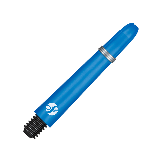 Aste Shot Koi Carbon - Blu Das Bild zeigt einen blauen Carbon-Schaft mit einem silbernen Ring und schwarzem Gewinde. Es handelt sich um ein Zubehörteil für Darts.