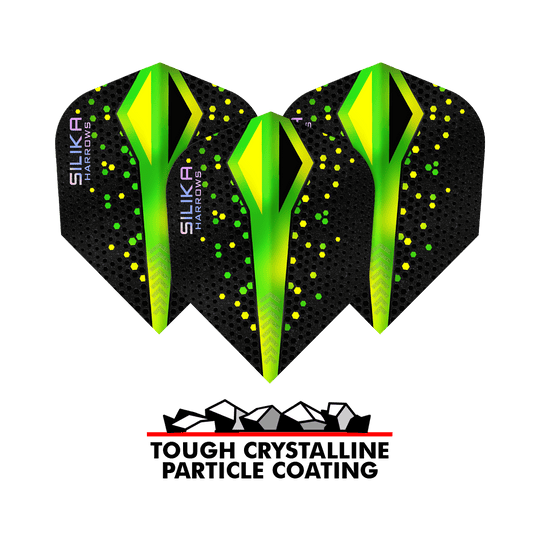 Rivestimento cristallino resistente Harrows Silika Colourshift Verde No6 Voli Das Bild zeigt drei Harrows Silika Colourshift Tough Crystalline Coating Green No6 Flights mit schwarzem Hintergrund und grünen, gelben Akzenten. Darunter steht ein Logo mit der Aufschrift "Tough Crystalline Particle Coating".