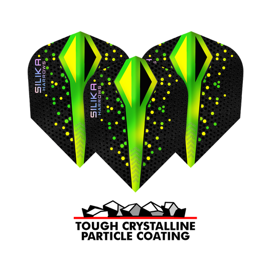 Rivestimento cristallino resistente Harrows Silika Colourshift Verde No6 Voli Auf dem Bild ist ein Set der Harrows Silika Colourshift Tough Crystalline Coating No6 Flights. Die Flights haben ein auffälliges Design.