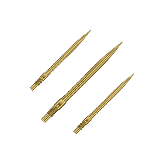 Punte per freccette Harrows Quick Point Heavy Metal - Oro Das Bild zeigt ein Set aus goldenen Dartspitzen mit 30mm Länge. Es sind Harrows Quick Point Heavy Metal Grip Dartspitzen Gold 30mm im Set.