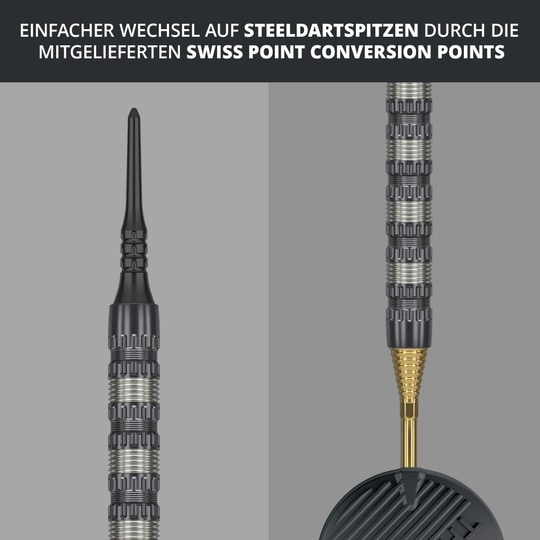 Freccette morbide Target Rob Cross 95K Swiss Point - 18 g Das Bild zeigt den Target Rob Cross 95K Swiss Point Softdart mit 18g Gewicht. Es wird darauf hingewiesen, dass ein einfacher Wechsel auf Steeldartspitzen durch die mitgelieferten Swiss Point Conversion Points möglich ist.