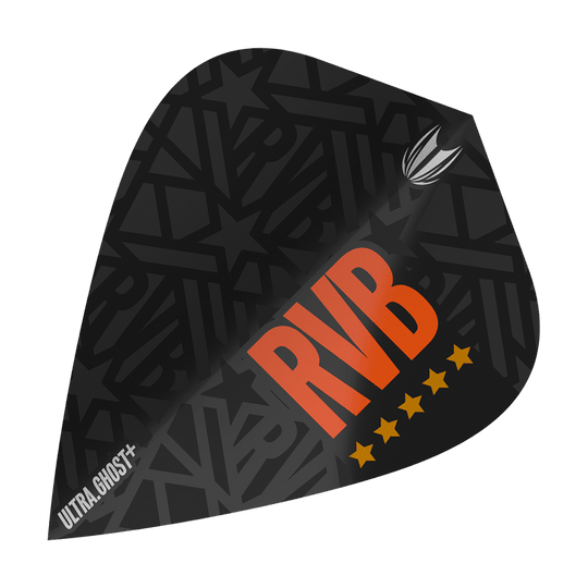 Target UltraGhost Raymond Van Barneveld GEN2 Voli per aquiloni Dies ist ein Target UltraGhost Raymond Van Barneveld GEN2 Kite Flight. Das Flight ist schwarz mit großen orangen Buchstaben "RVB" und fünf gelben Sternen gestaltet.