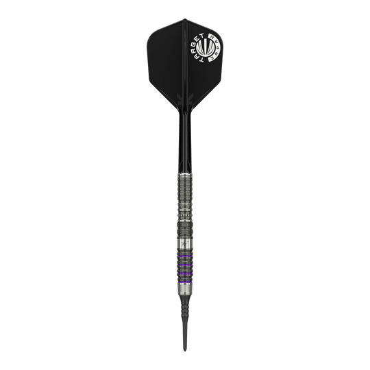 Target Japan Prime Series Yuta Hayashi Sirius GEN3 MAX Freccette morbide - 21,5 g Das Bild zeigt einen Softdart aus der Target Japan Prime Series, Modell Yuta Hayashi Sirius GEN3 MAX mit einem Gewicht von 21,5g. Der Dart hat ein silbernes Griffstück mit schwarzen und lila Akzenten sowie eine schwarze Flight mit weißem Aufdruck.