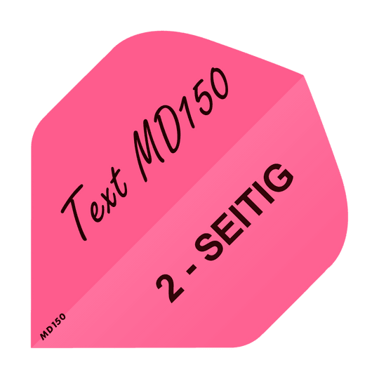 MD-202_2-Seitig_Bedruckte_Flights_Wunschtext_MD150_Pink_Standard_1 Das Bild zeigt einen pinken Dart Flight mit der Aufschrift "Text MD150" und "2-SEITIG". Es handelt sich um einen bedruckten Standard-Flight, der auf beiden Seiten personalisiert werden kann.