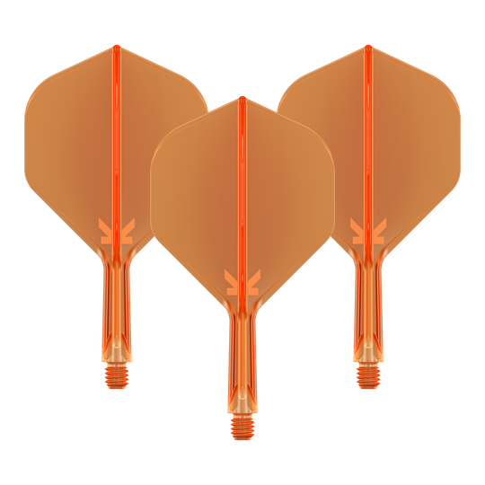 Target K-Flex No2 Standard Flight System - Arancione Neon Das Bild zeigt drei neonorange Dartflights mit Shafts. Sie sind in einer Reihe nebeneinander angeordnet und haben eine transparente Optik.