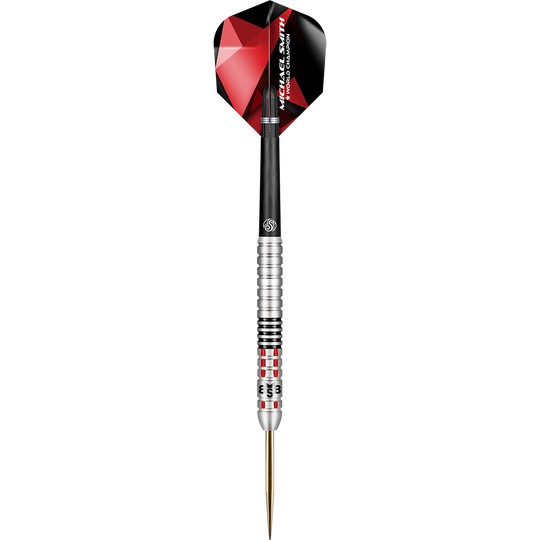 Shot Michael Smith Ottieni freccette d'acciaio Auf dem Bild ist ein Steeldartpfeil mit einem silbernen, schwarzen und roten Design zu sehen. Am Dartflight steht der Name "Michael Smith" und "World Champion".