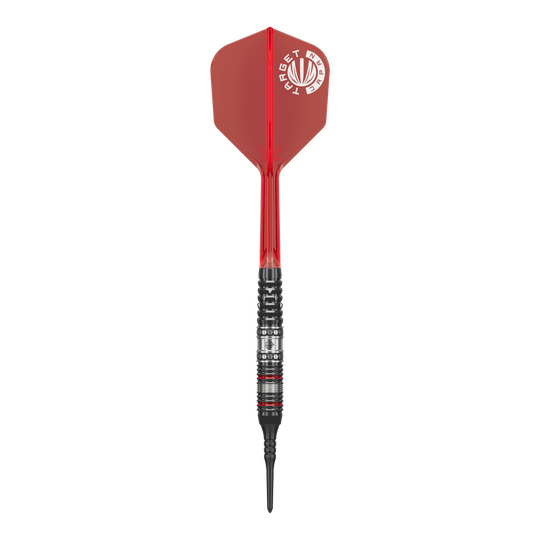 Freccette morbide Target Japan Prime Series Diamond GEN3 - 18 g Auf dem Bild ist ein Softdart aus der Target Japan Prime Series Diamond GEN3 mit einem Gewicht von 18g zu sehen. Der Dart hat eine rote Flight und einen schwarz-silbernen Schaft mit feinen Details.