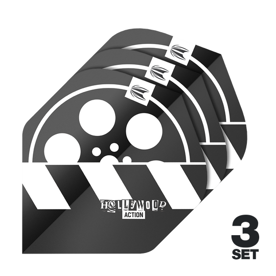 Target Pro Ultra Chris Dobey Hollywood Action No2 Standard Flights - 3 set Das Bild zeigt drei Sätze Target Pro Ultra Chris Dobey Hollywood Action No2 Standard Flights für Dartpfeile. Das Design ist schwarz-weiß mit einem Filmrollen- und Klappenmotiv sowie der Aufschrift "Hollywood Action".