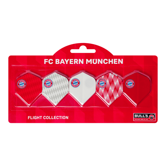 Collezione volo Bulls FC Bayern Monaco - 5 set Abgebildet ist die Bulls FC Bayern München Flight Collection - 5 Satz. Die Flights sind speziell für Darts im FC Bayern München-Design.