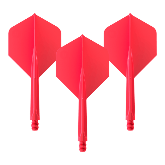 Unicorn Forge All In One Plus No2 Standard Flights Rosso - Medio Das Bild zeigt drei rote Dartflights mit integriertem Schaft. Es handelt sich um das Produkt "Unicorn Forge All In One Plus No2 Standard Flights Rot - Medium".