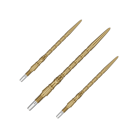 Punte per freccette Target Signature Swiss Point TRB in acciaio - oro Das Bild zeigt ein Set goldener Dartspitzen mit 42mm Länge. Die Spitzen sind Target SwissPoint Signature TRB Dartspitzen.