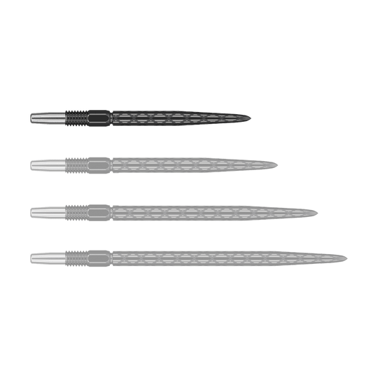 Punte per freccette Target Swiss Diamond Pro Black Points Auf dem Bild sind vier schwarze Dartspitzen mit silbernem Gewinde zu sehen. Die Spitzen haben ein rautenförmiges Muster auf der Oberfläche.