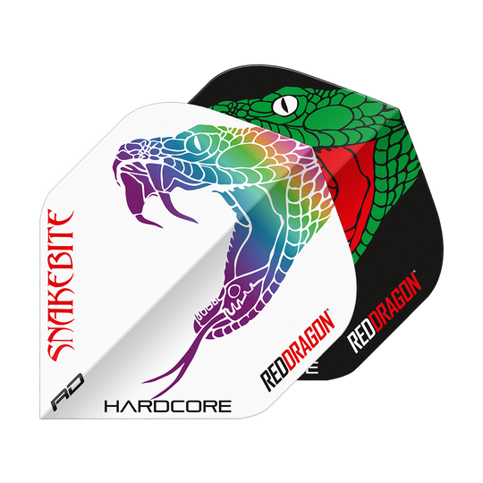 Voli standard Red Dragon Peter Wright Snakebite Black White Yin Yang Das Bild zeigt zwei Dart-Flights mit auffälligen Schlangenmuster-Designs in Schwarz und Weiß. Auf beiden Flights stehen die Wörter "Snakebite" und "Red Dragon".