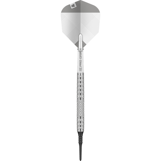Target Nastri 11 freccette morbide Das Bild zeigt einen Target Nastri 11 Softdart. Der Dartpfeil hat ein silbernes Design mit einer strukturierten Griffzone und einer schwarzen Kunststoffspitze.