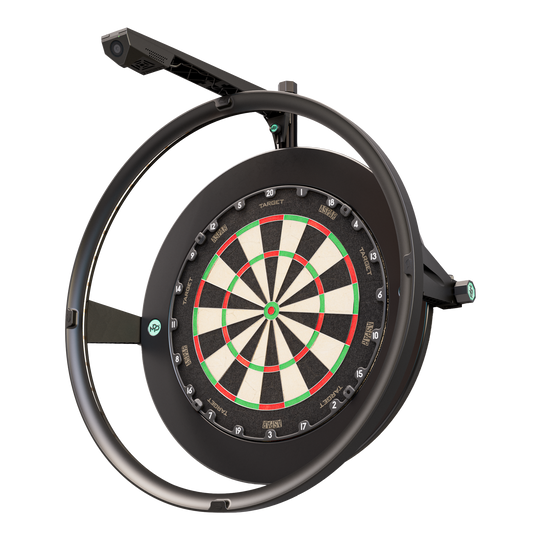 Fotocamera Target VIRT Das Bild zeigt das Produkt "Target VIRT Kamera", das eine Dartscheibe mit einer integrierten Kamera darstellt. Die Kamera ist oberhalb der runden Einfassung der Dartscheibe montiert.