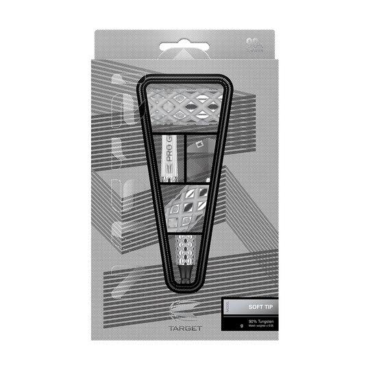 Target Nastri 11 freccette morbide Die Abbildung zeigt die "Target Nastri 11 Softdarts" in ihrer Verpackung. Die Darts haben ein auffälliges, geometrisches Design und sind für den Gebrauch mit Softspitzen geeignet.