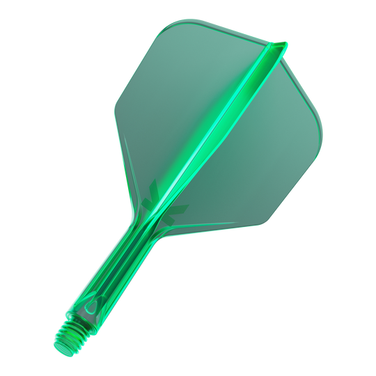 Sistema di volo Target K-Flex No6 - Verde Das Bild zeigt eine grüne Dart-Flügel- und Schaft-Kombination. Das Material wirkt transparent und hat eine glatte Oberfläche.
