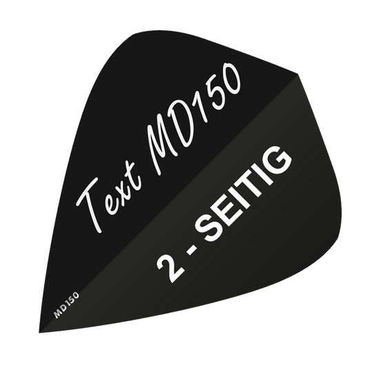 MD-300_2-Seitig_Bedruckte_Flights_Wunschtext_MD150_Schwarz_Kite_1 Das Bild zeigt ein schwarzes Feld mit weißem Text "Text MD150" und "2-SEITIG". Es handelt sich um das Produkt "10 Satz Bedruckte Flights 2-Seitig - Wunschtext - MD150 Kite".