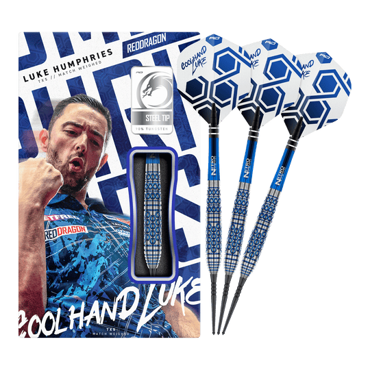Freccette in acciaio Red Dragon Luke Humphries TX5 Auf dem Bild ist das vollständige Set der Red Dragon Luke Humphries TX5 Steeldarts zu sehen. Die Steeldarts werden in ihrer Gesamtheit präsentiert.