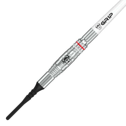 Freccette morbide Bulls Niko Springer - 22 g Das Bild zeigt einen Bulls Niko Springer Softdart mit einem Gewicht von 22g. Der Dart hat eine silberne Metallspitze und einen weißen Schaft mit der Aufschrift "B GRIP".