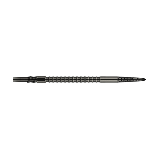 Punte per freccette Target Swiss DS Surge Point - Nere Das Bild zeigt eine schwarze Dartspitze mit gerillter Struktur und feiner Diamantmusterung an der Spitze. Die Spitze ist lang und schlank gestaltet und misst 40 mm.