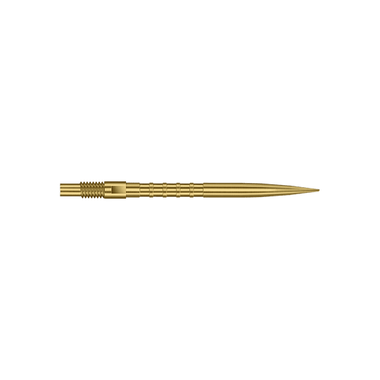 Das Bild zeigt goldene Dartspitzen mit starkem Metallgriff und 30mm Länge. Zu sehen ist das Produkt Harrows Quick Point Heavy Metal Grip Dartspitzen Gold 30mm.