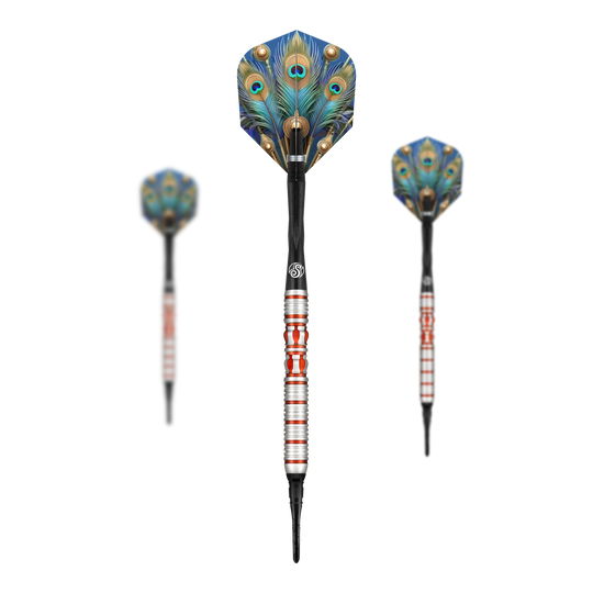 Shoto Impero Romano Juno freccette morbide Das Bild zeigt drei Softdarts des Modells „Shot Roman Empire Juno“. Die Flights sind mit einem auffälligen Pfauenfeder-Muster gestaltet.