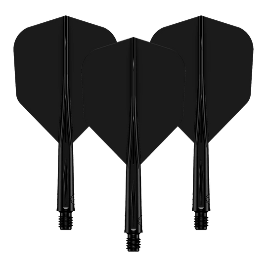 Sistema di alberi di volo Mission Force 90 No6 - Nero Das Bild zeigt drei schwarze Dartflights mit passenden Dartschäften. Sie sind hintereinander angeordnet und haben eine glänzende Oberfläche.