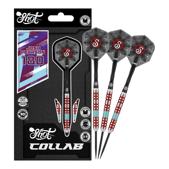 Shot Collab Pro Series Josh Pearson Steeldarts - 23 g Das Produkt Shot Collab Pro Series Josh Pearson Steeldarts - 23g wird gezeigt. Die Darts besitzen eine präzise Verarbeitung für maximale Leistung.