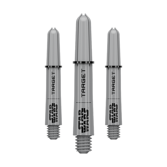 Aste Target Star Wars ProGrip - Grigio Das Bild zeigt vermutlich ein Set von Pro Grip Shafts in Grau, kurze Ausführung mit 34 mm Länge. Das Produkt ist wahrscheinlich aus der Star Wars Kollektion.