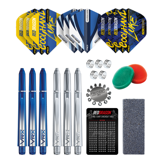 Pacchetto accessori Optima di Luke Humphries del Red Dragon Das Bild zeigt das Red Dragon Luke Humphries Optima Zubehör Pack für Darts. Enthalten sind Flights, Shafts, Federn, Tridents, ein Schleifstein, ein Checkout-Table, sowie weiteres nützliches Dartzubehör.