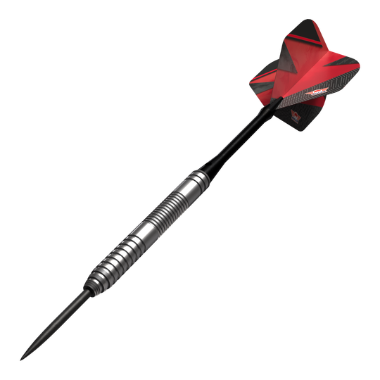 Bulls NL Lightning Freccette in acciaio rosse Das Bild zeigt einen Bulls NL Lightning Red Steeldart mit silbernem Barrel und roten Flights. Der Dart hat ein modernes Design und ist für Präzision beim Spielen gemacht.