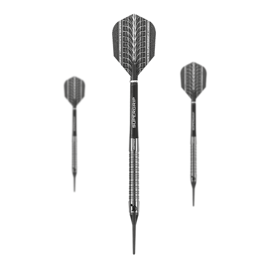 Erpici Supergrip 90% freccette morbide Das Bild zeigt drei Harrows Supergrip 90% Softdarts mit silbernem, gerilltem Barrel. Die Flights sind schwarz mit einem auffälligen Muster gestaltet.