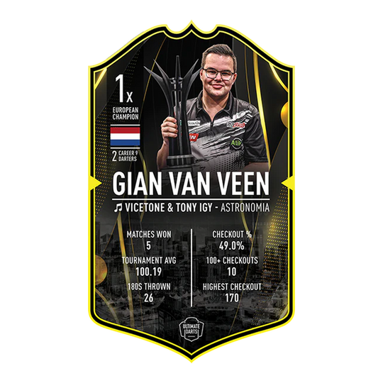 Ultimate Darts Card - Gian Van Veen. Diese Karte zeigt den Spieler Gian Van Veen aus der Ultimate Darts Card Serie.