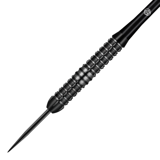 Freccette in acciaio smaltato Shot Redline Das Bild zeigt einen schwarzen Steeldart namens "Shot Redline Blazed". Der Dart hat ein geriffeltes Griffstück für besseren Halt.