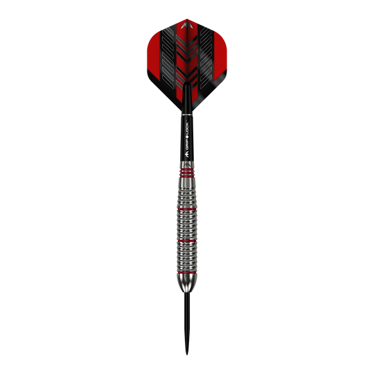 Freccette Mission Rogue in ottone e acciaio - 22 g Das Bild zeigt einen Mission Rogue Brass Steeldart mit einem Gewicht von 22 Gramm. Der Dart hat ein silbernes, geriffeltes Barrel und rote sowie schwarze Akzente an Flight und Shaft.