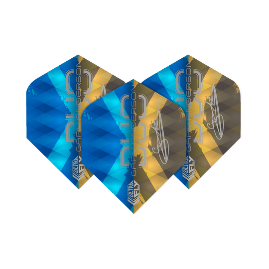 Voli Unicorn Ultrafly 100 Gary Anderson Duo Plus Das Bild zeigt drei Dartflights der Marke "Unicorn Ultrafly 100 Gary Anderson Duo Plus". Die Flights sind in den Farben Blau und Gold gestaltet und tragen den Schriftzug "Gary Anderson".
