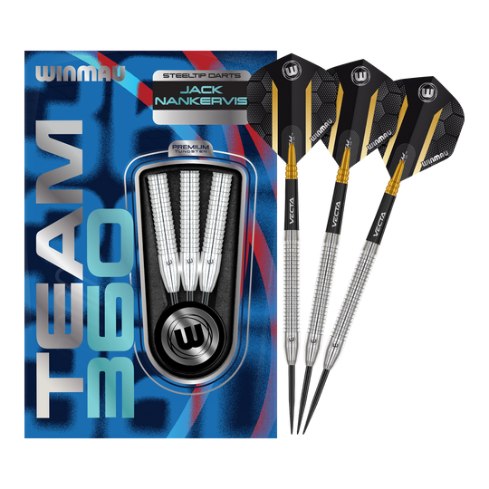 Freccette in acciaio Winmau Team 360 Jack Nankervis - 24 g Auf dem Bild sind die Winmau Team 360 Jack Nankervis Steeldarts mit 24g zu sehen. Diese Steeldarts bieten eine ausgezeichnete Kontrolle beim Wurf.